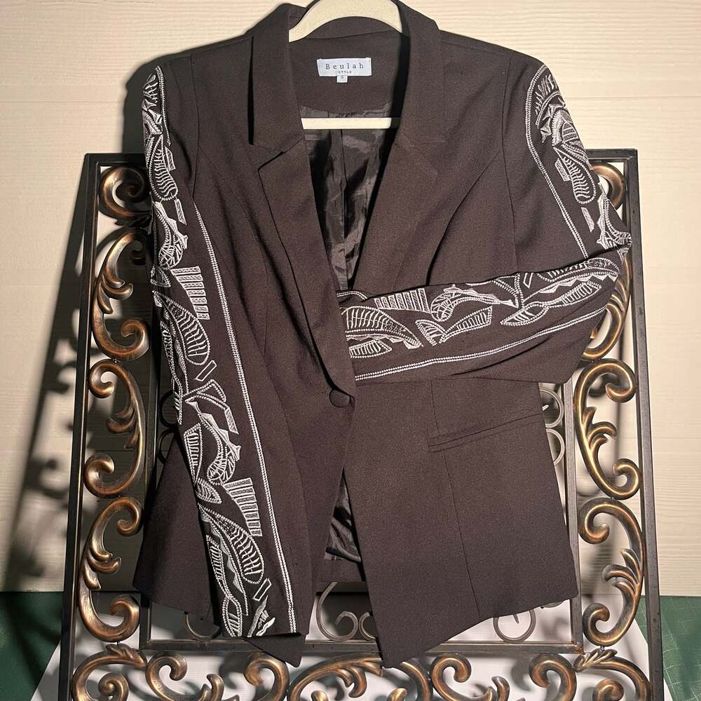 Beulah Style Black Blazer with White Embroidered Sleeves